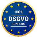 Rundes blaues Siegel mit goldenen Sternen, in der Mitte steht 100% DSGVO konform