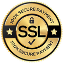 Rundes goldenes Siegel mit der Aufschrift 100% Secure Payment, in der Mitte steht SSL mit einem Schloss-Symbol darüber